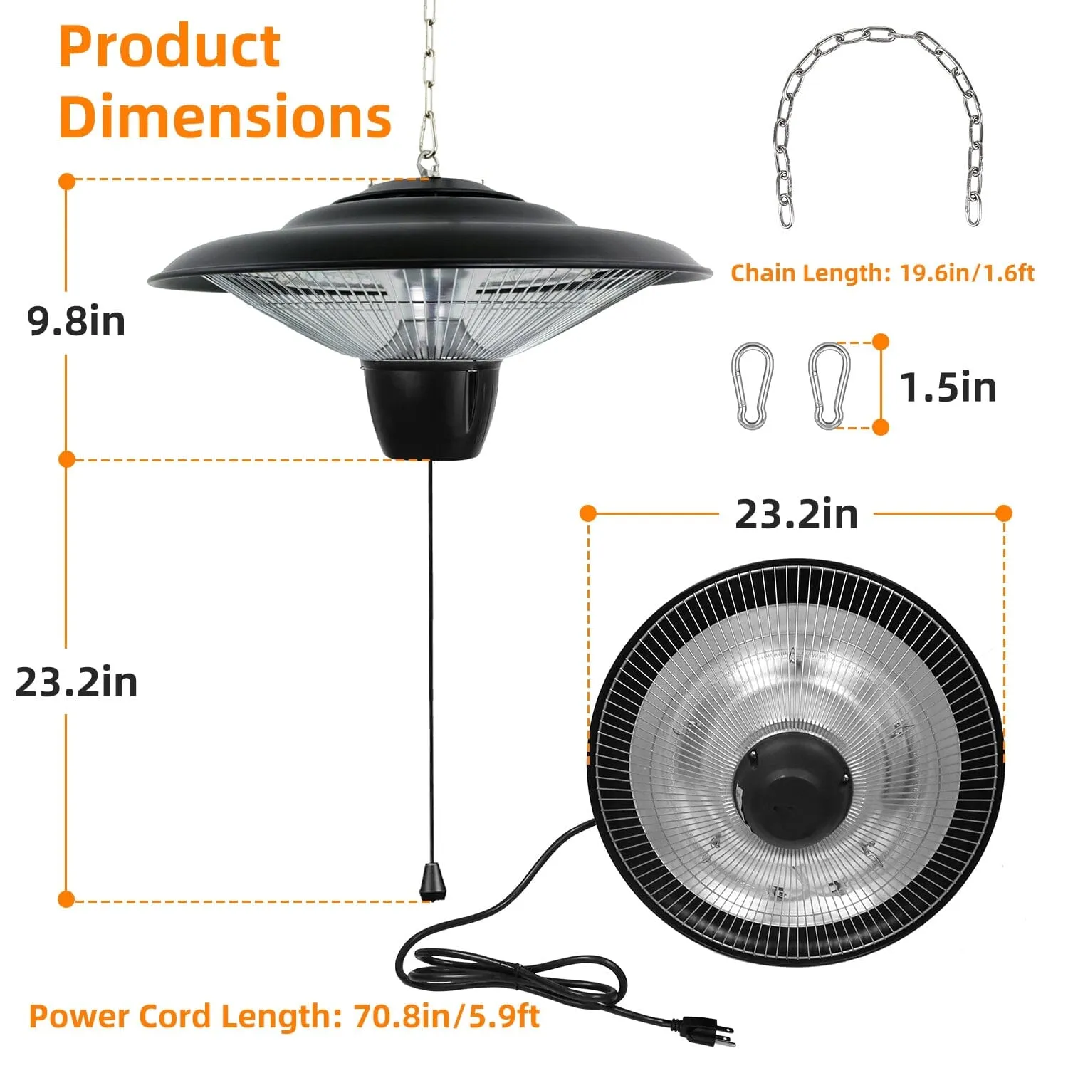 1500W Outdoor Hanging Patio Ultra-Quiet Electric Heating Lamp