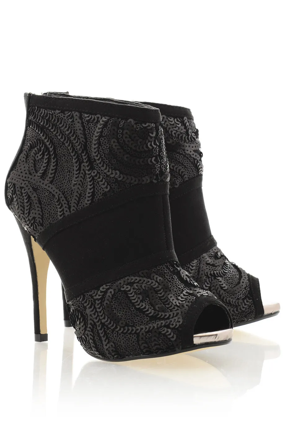 ADMIRANDA Black Sequin Peep Toe Ankle Boots