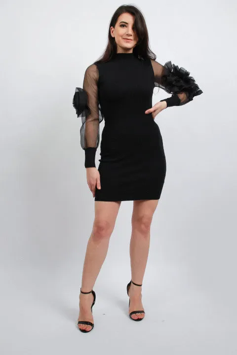 Black rose Organza Balloon  Sleeve Jumper Dress|Black Statement sleeve jumper dress