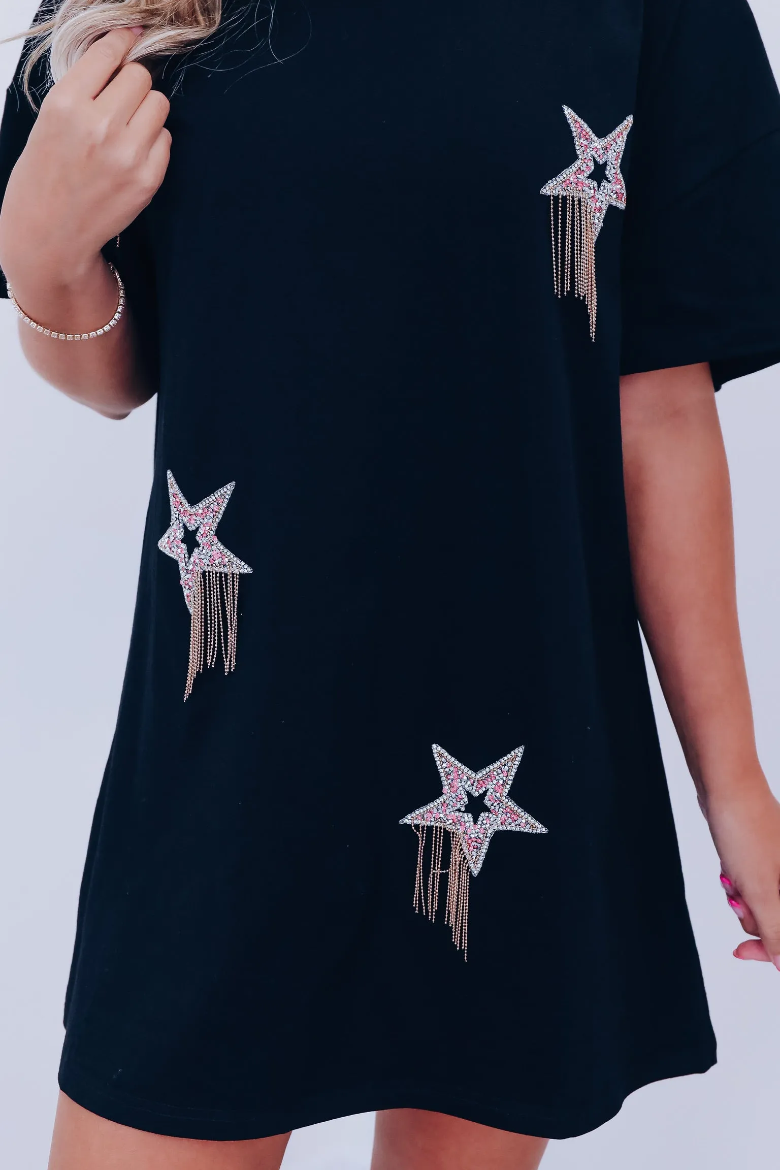 Comet Rhinestone T-Shirt Dress - Black