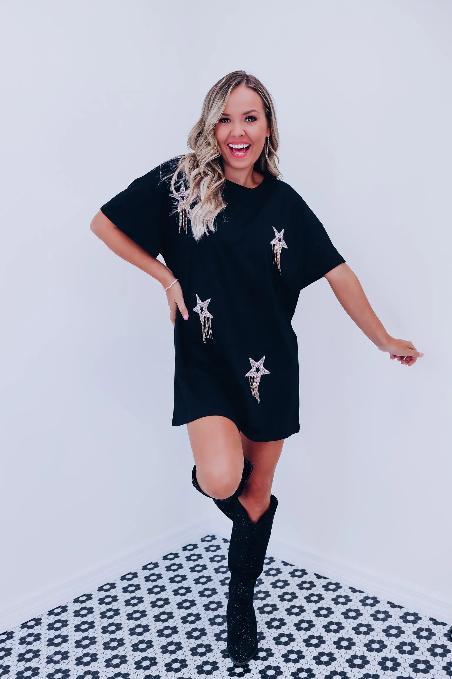 Comet Rhinestone T-Shirt Dress - Black