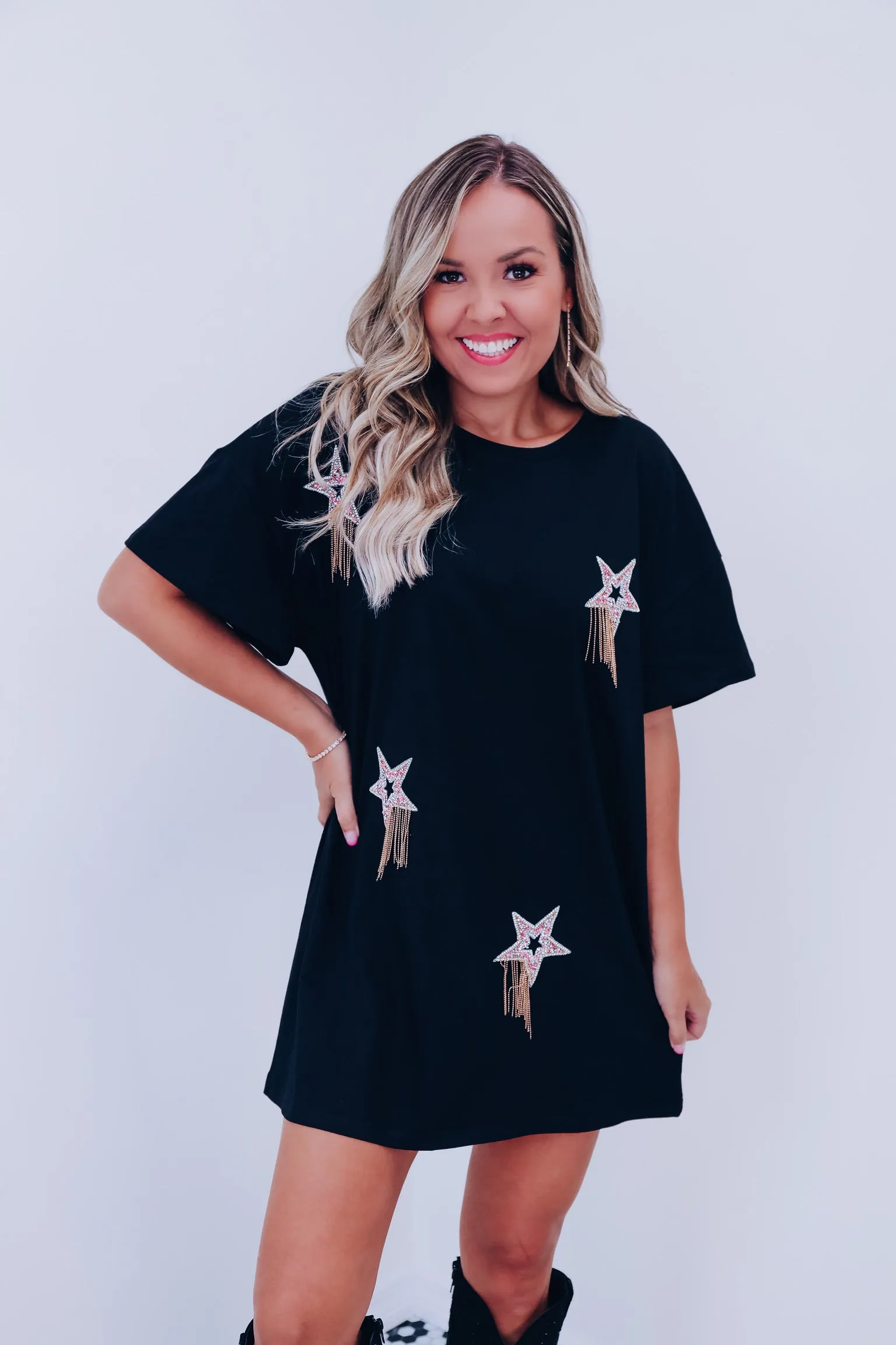 Comet Rhinestone T-Shirt Dress - Black