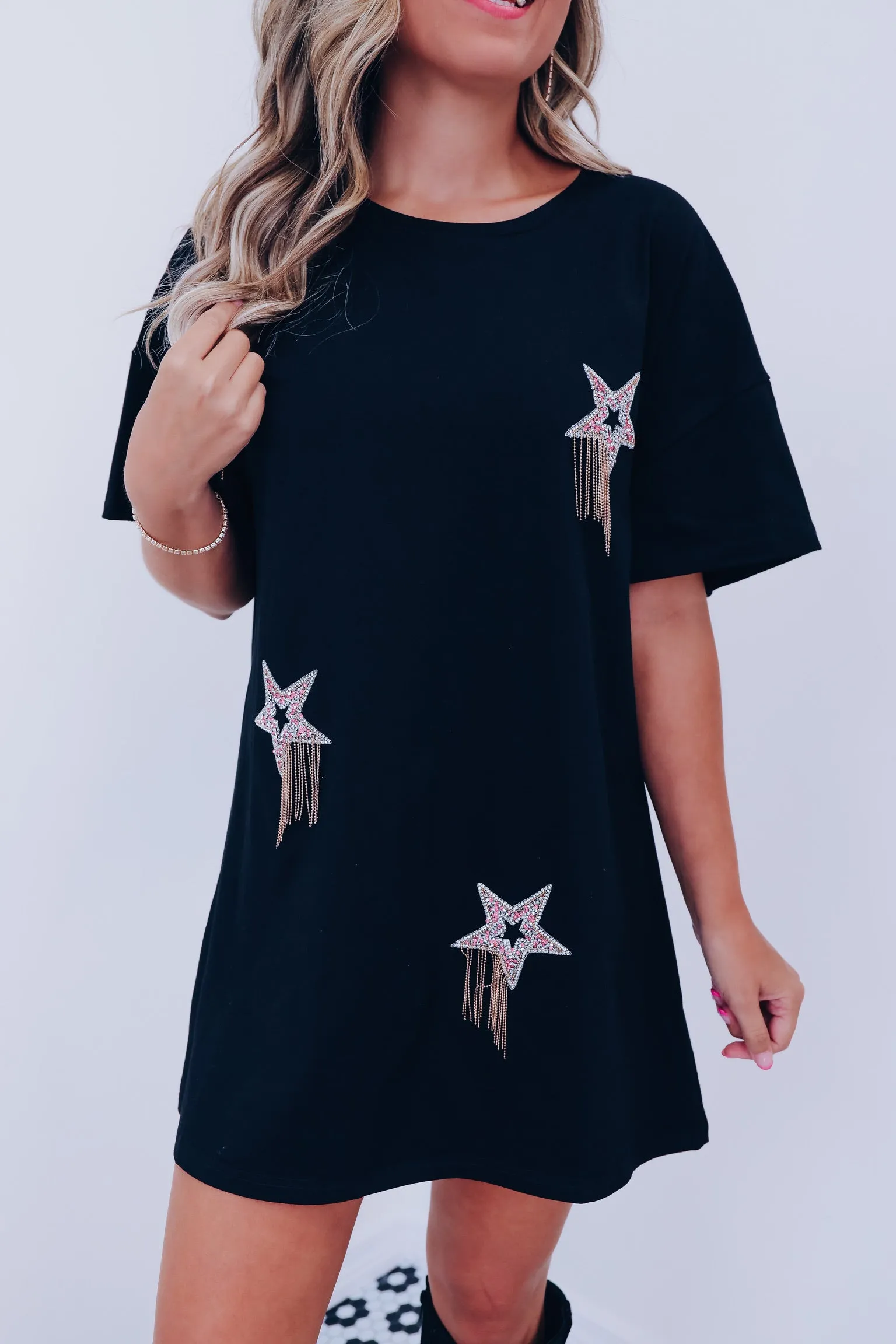 Comet Rhinestone T-Shirt Dress - Black