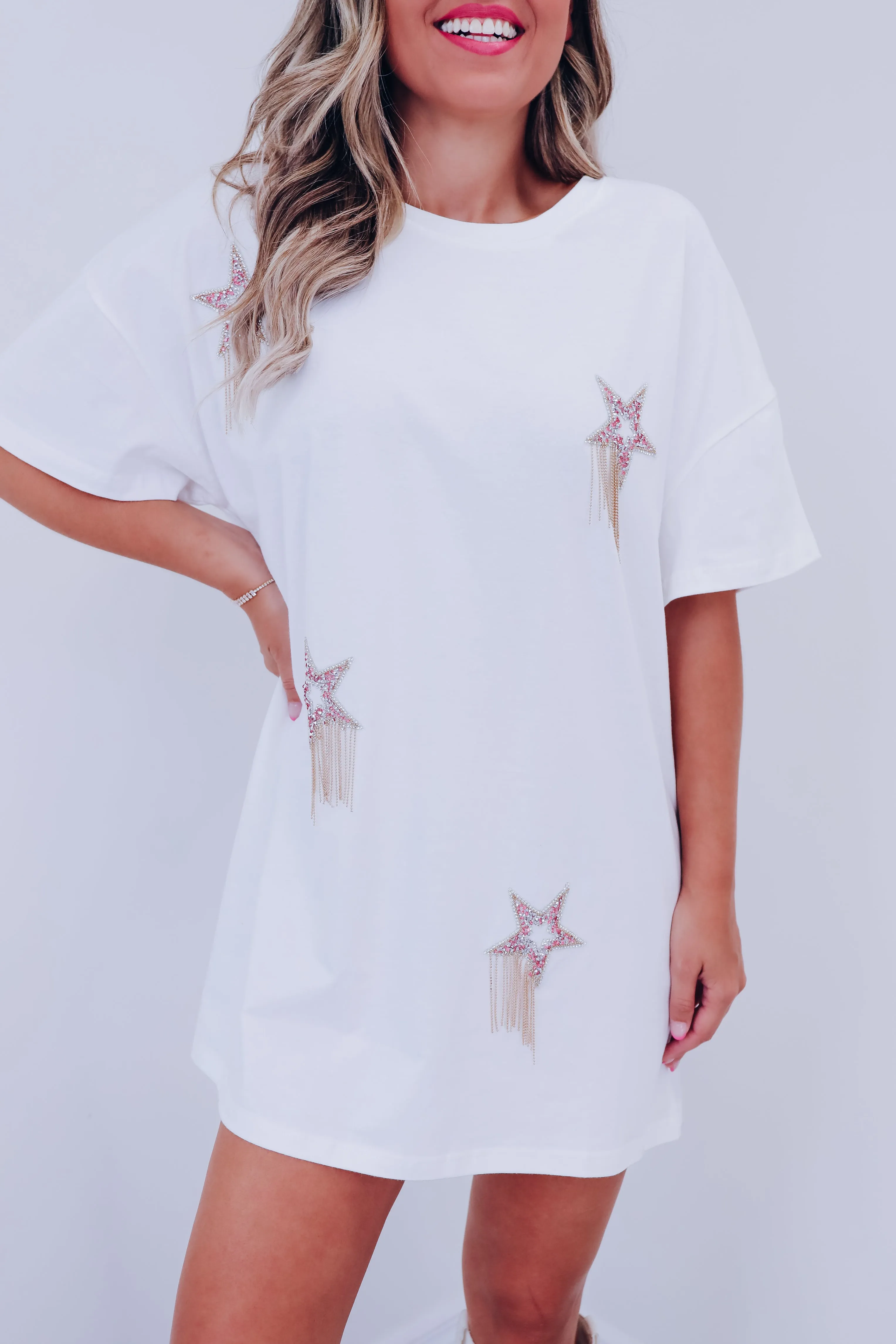 Comet Rhinestone T-Shirt Dress - White