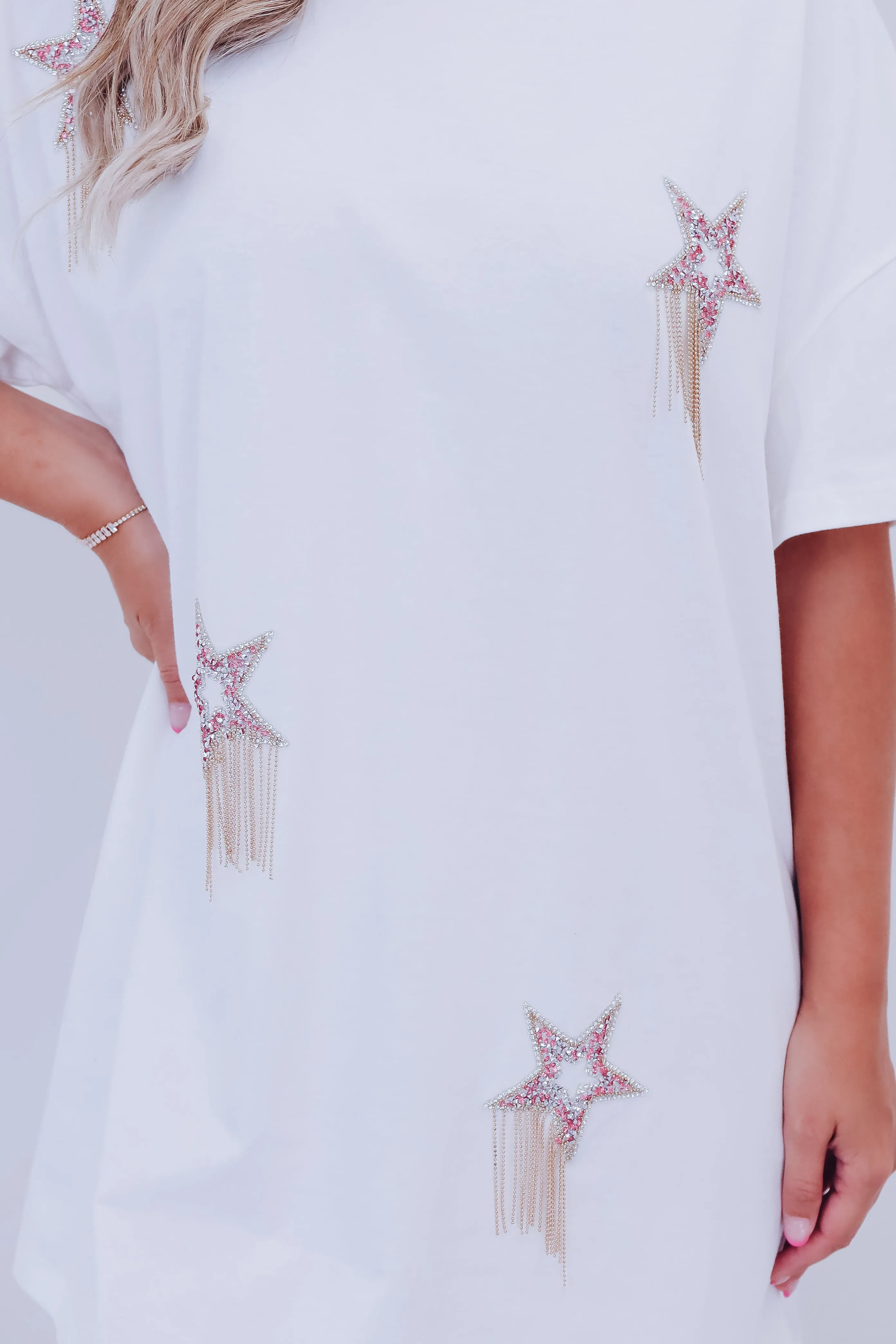 Comet Rhinestone T-Shirt Dress - White