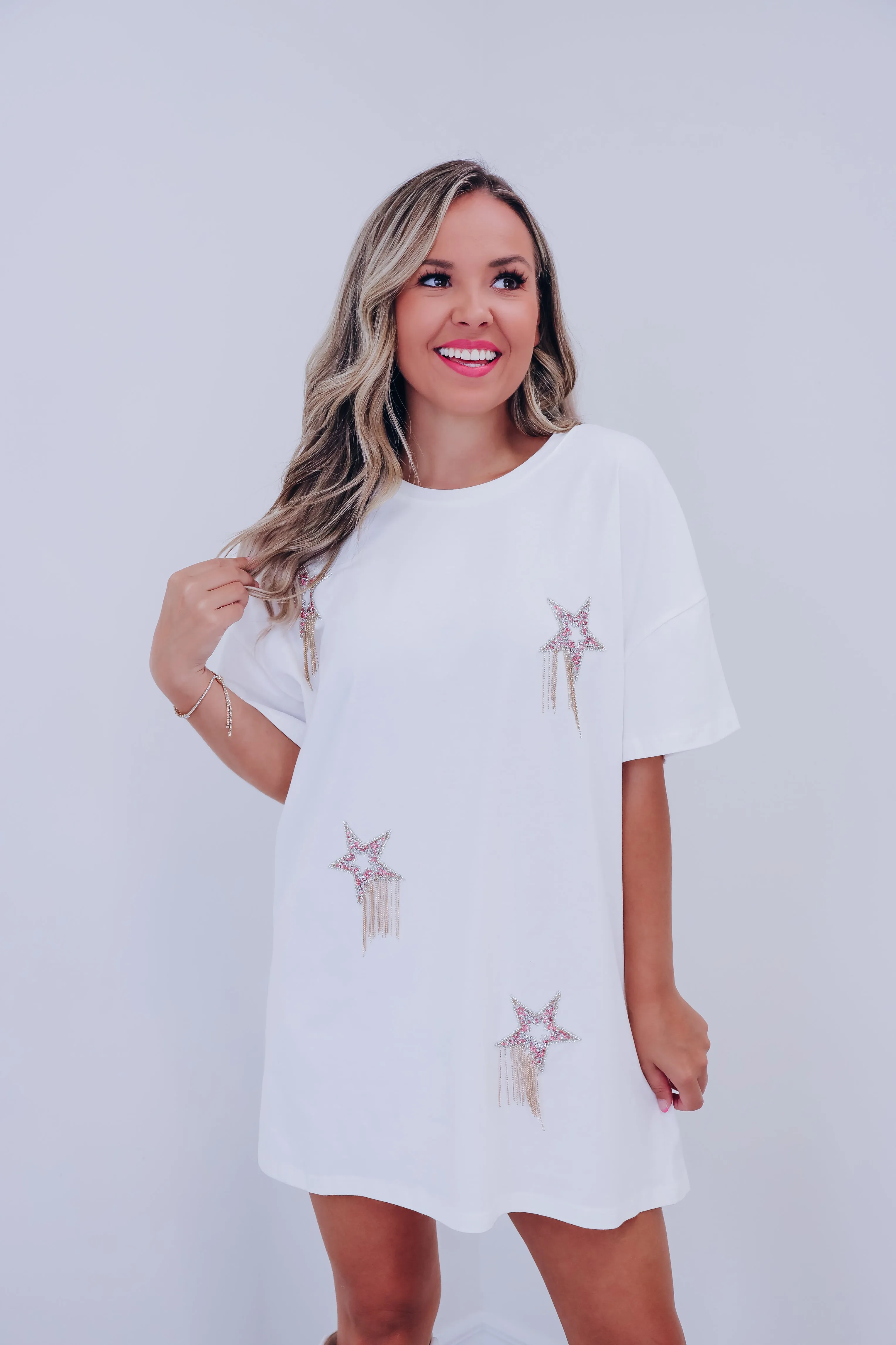 Comet Rhinestone T-Shirt Dress - White