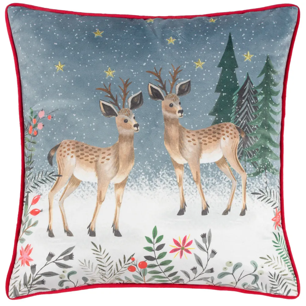 Ditsy Festive Reindeer Cushion Slate Blue