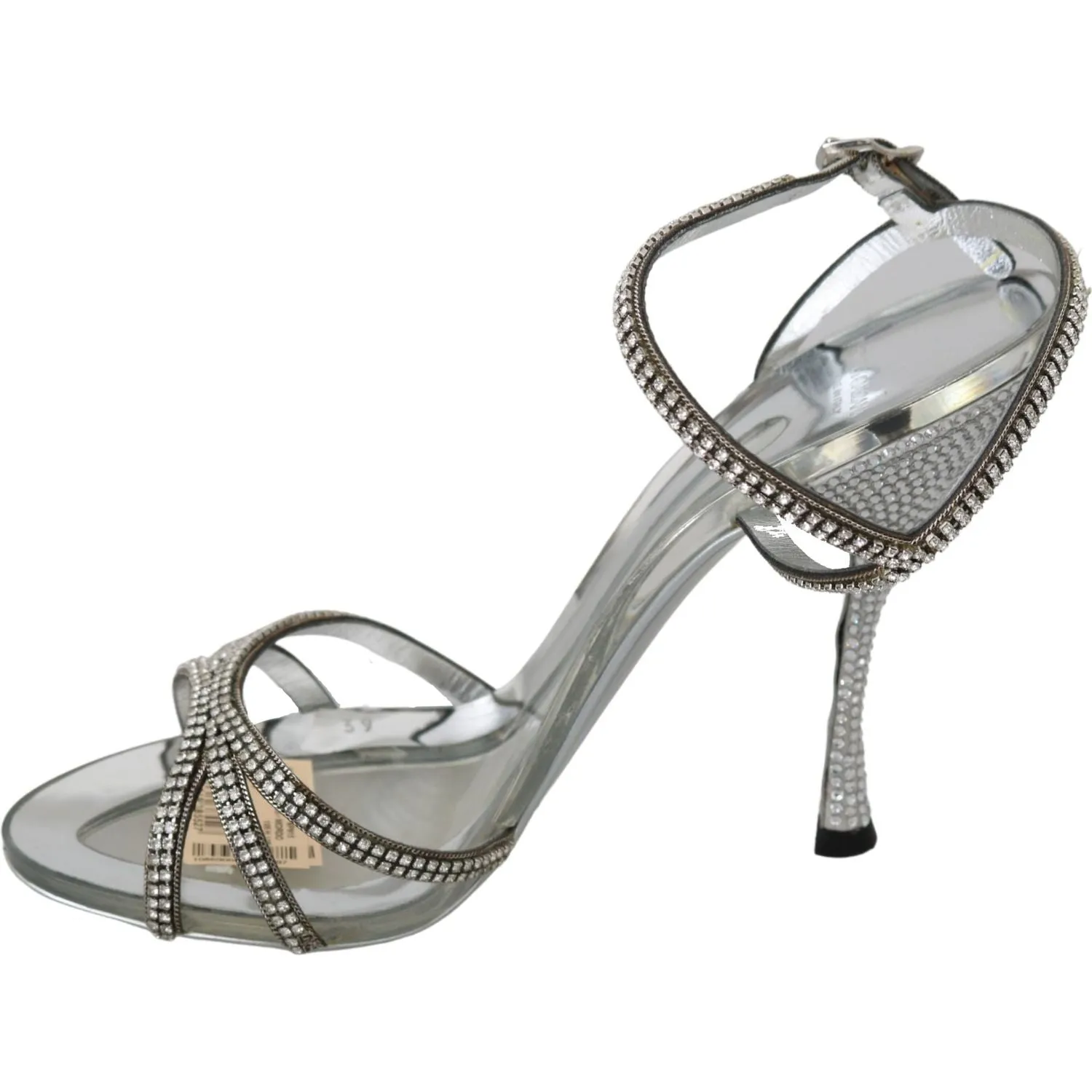 Dolce & Gabbana Silver Leather Ankle Strap Sandals with Crystals