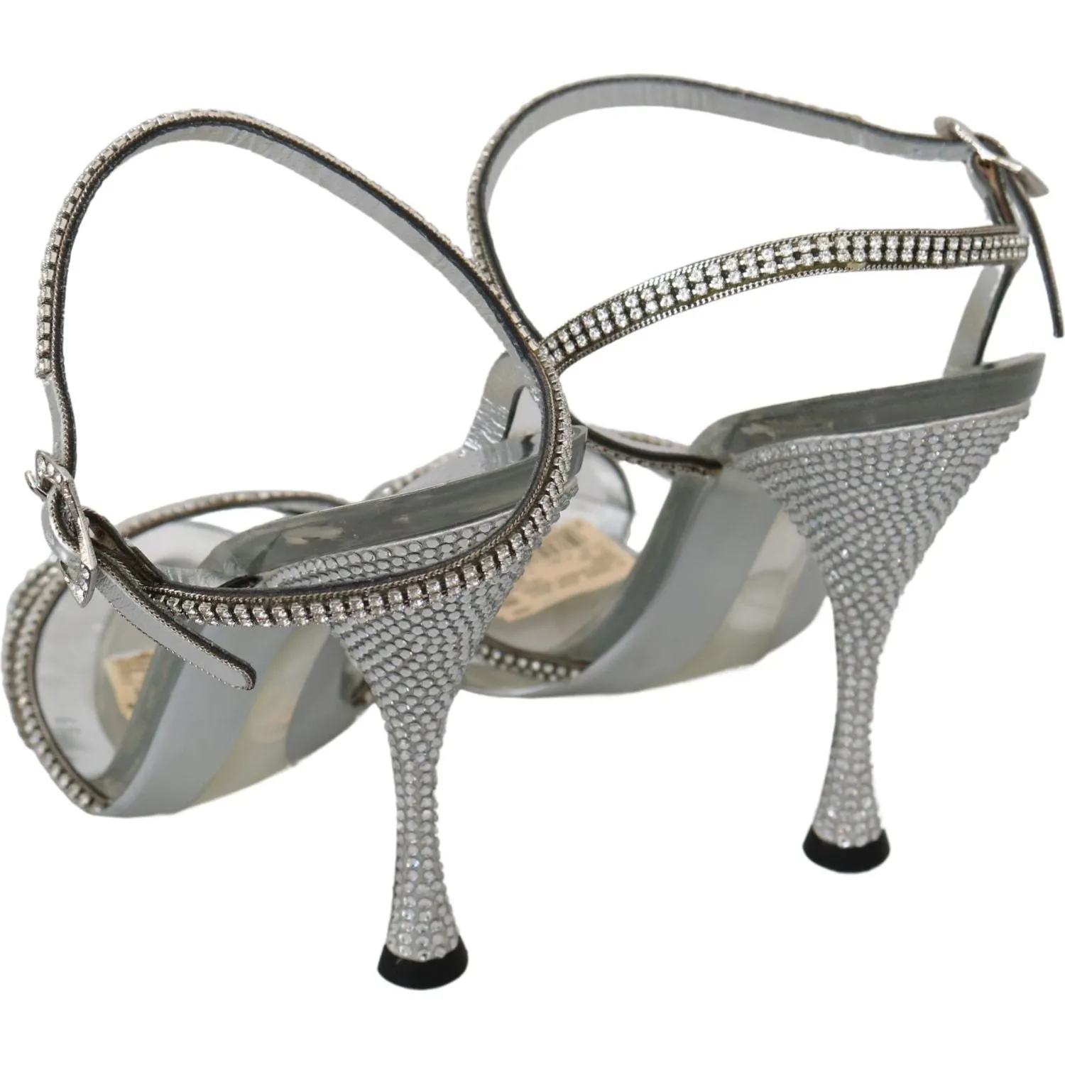 Dolce & Gabbana Silver Leather Ankle Strap Sandals with Crystals