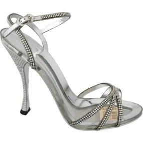 Dolce & Gabbana Silver Leather Ankle Strap Sandals with Crystals