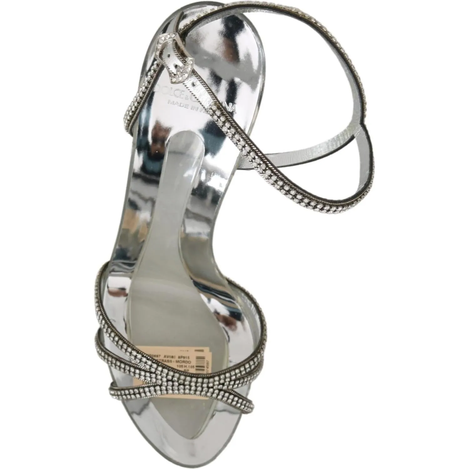 Dolce & Gabbana Silver Leather Ankle Strap Sandals with Crystals