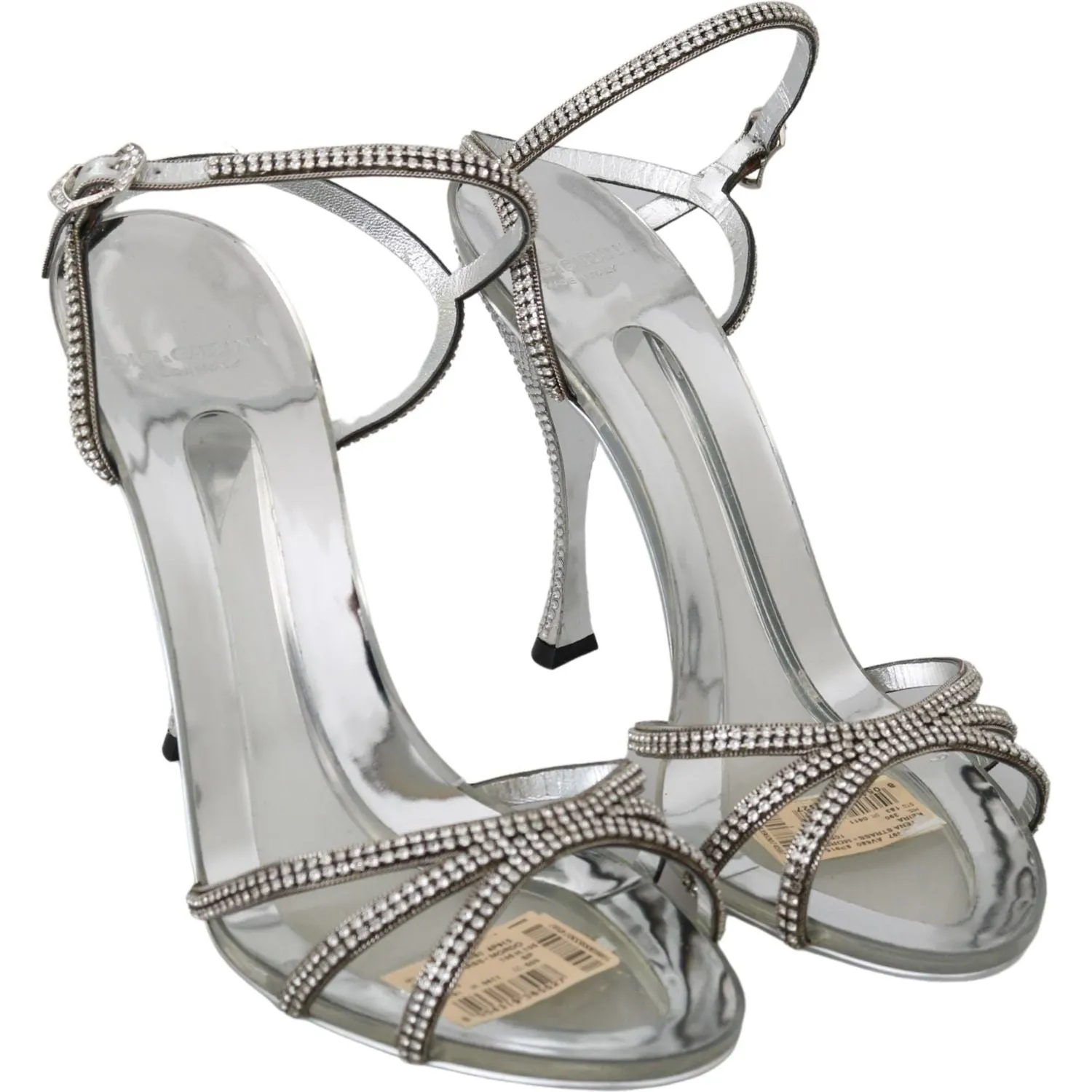 Dolce & Gabbana Silver Leather Ankle Strap Sandals with Crystals