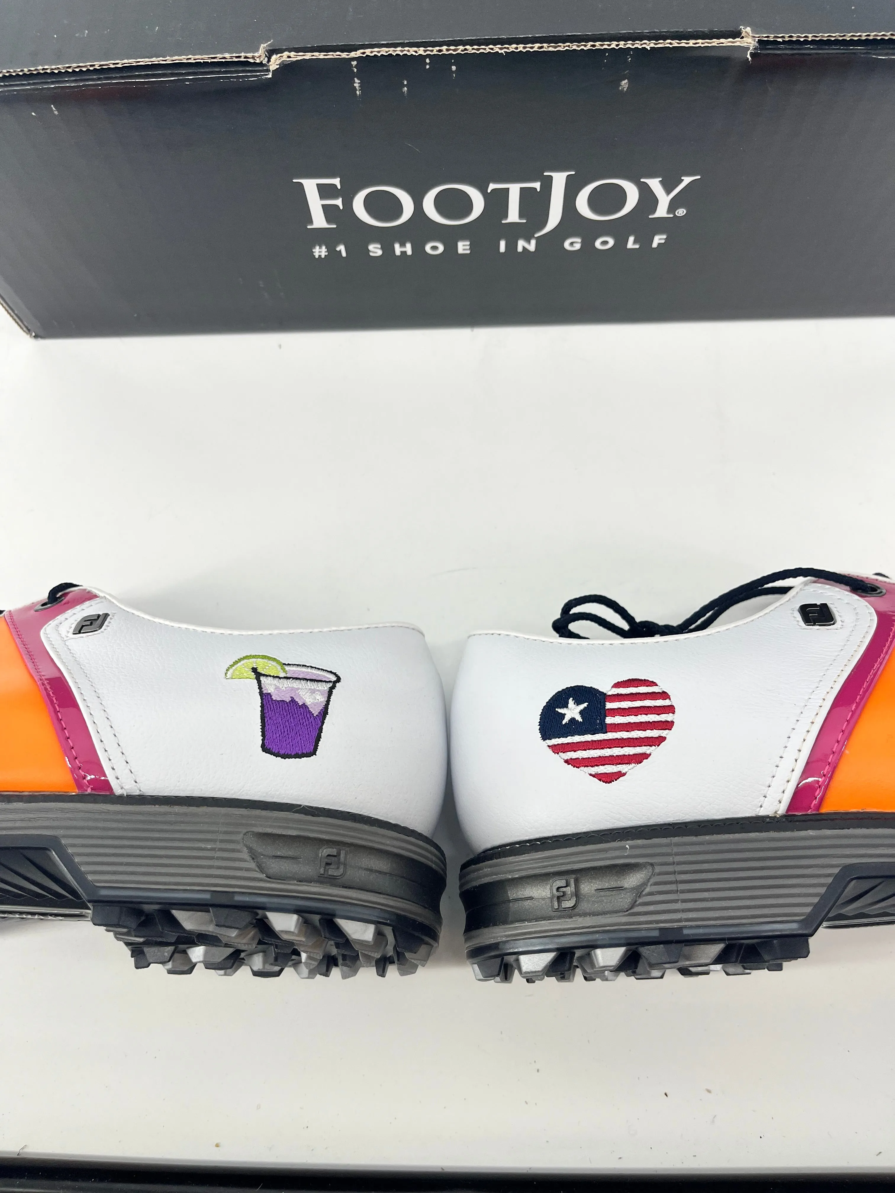 Footjoy Myjoys Premiere Series Packard Spikeless Golf Shoes White Orange Pink 9