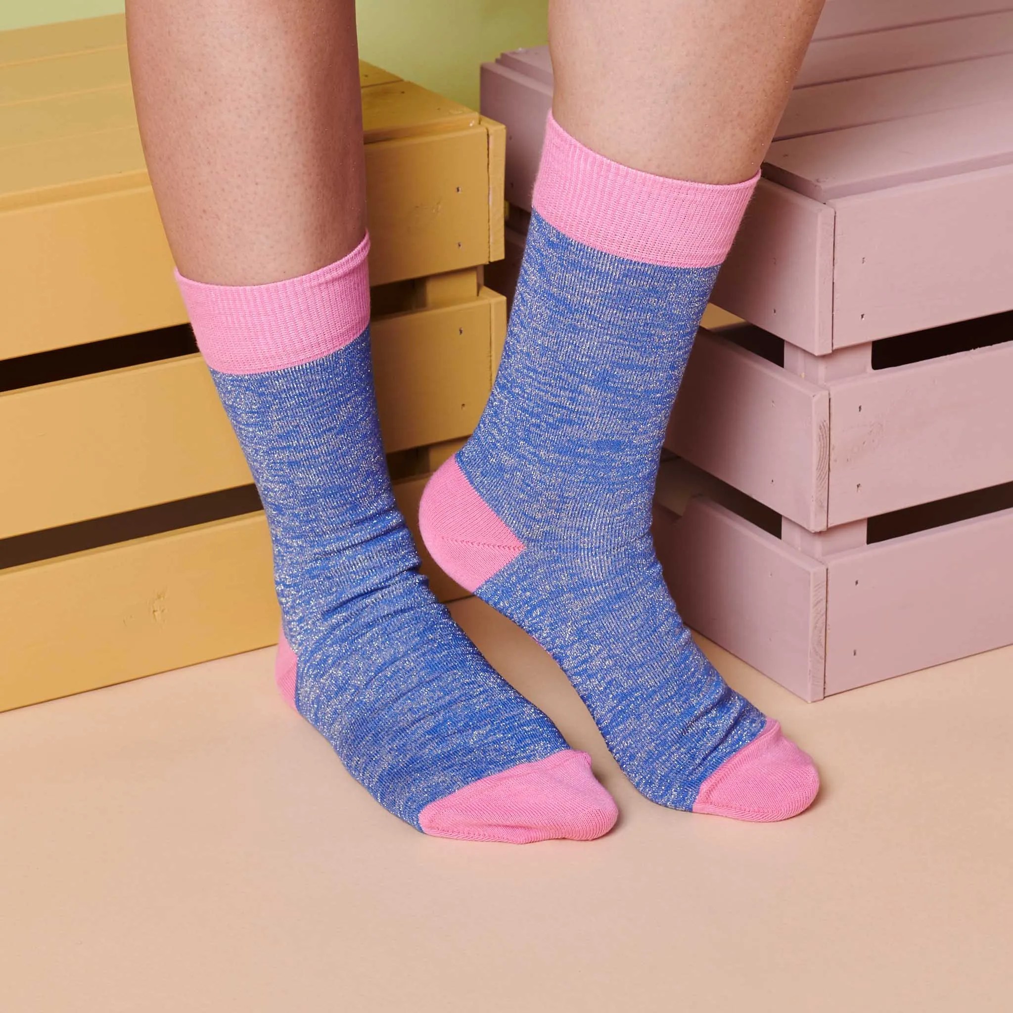 Ladies Bright Blue & Pink Glitter Organic Cotton Ankle Socks