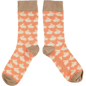 Ladies Bright Peach Rabbit Organic Cotton Ankle Socks