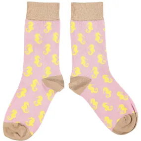 Ladies Dusky Pink & Copper Seahorses Organic Cotton Ankle Socks