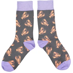 Ladies Slate & Lilac Lobsters Organic Cotton Ankle Socks