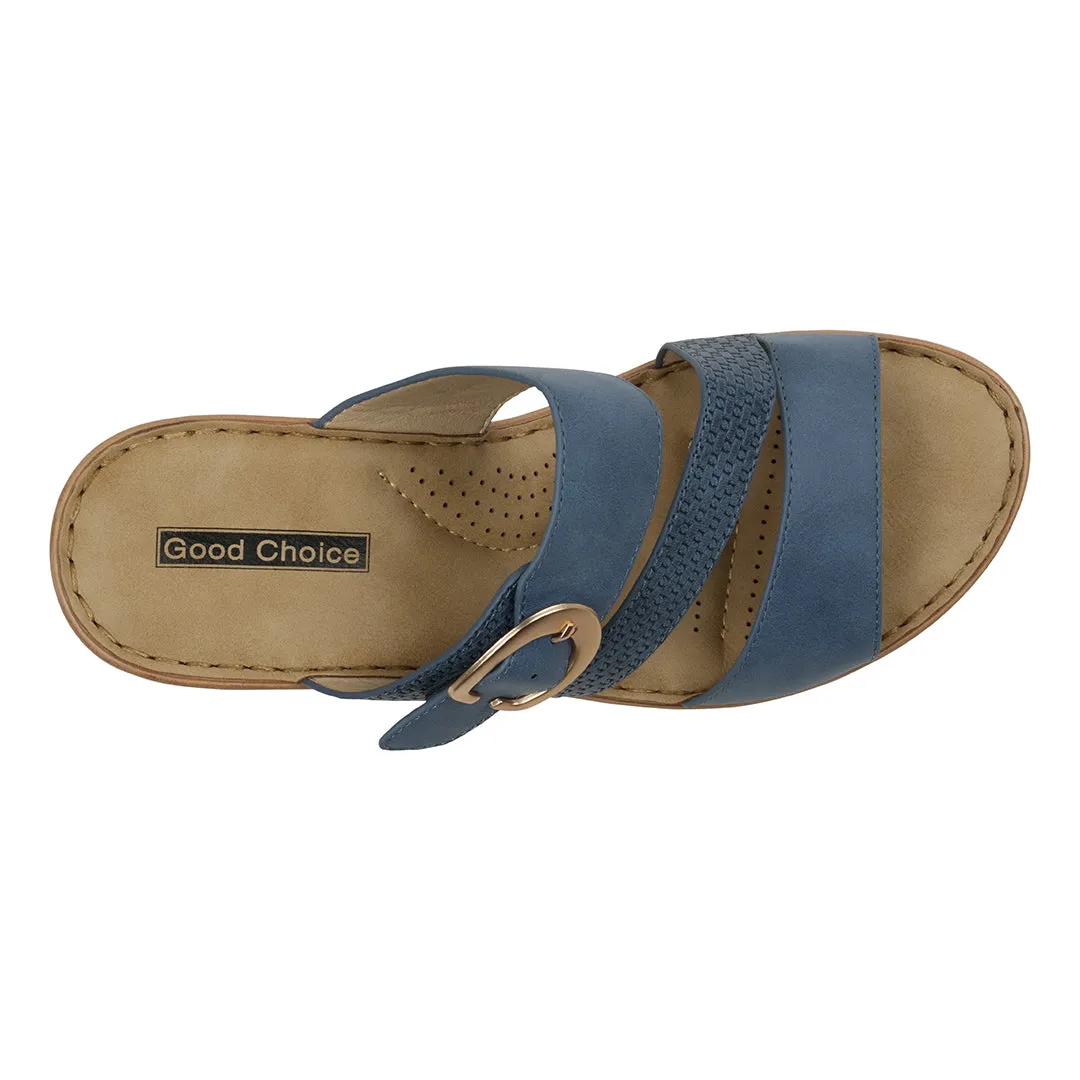 Odalis Blue Buckle Comfort Wedge Sandals