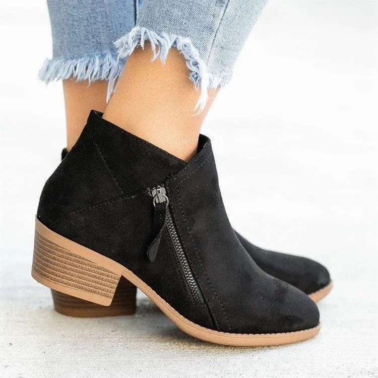 Owlkay Chunky Heel Women's Suede Low-heel Short Martin Boots