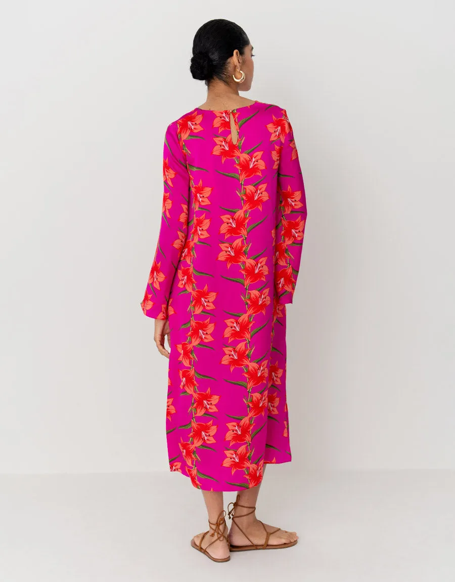 Phoenix Hammered Satin Midi Dress - Lily Fucshia