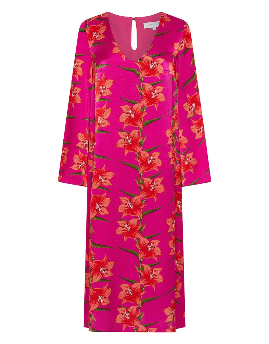 Phoenix Hammered Satin Midi Dress - Lily Fucshia