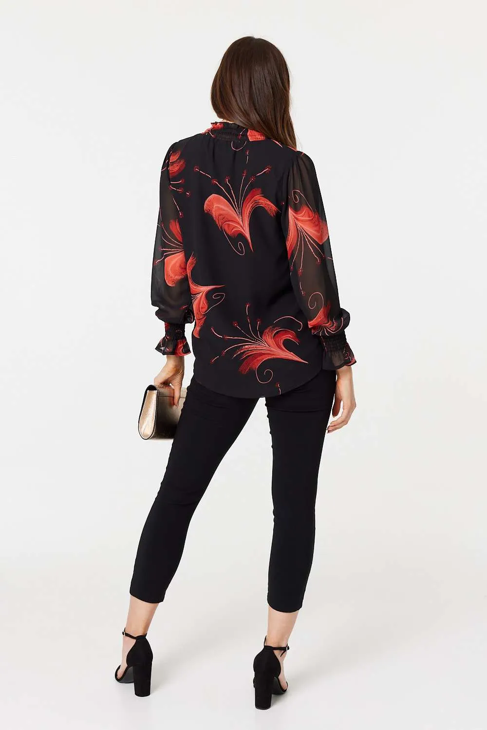 Printed High Neck Sheer Blouse