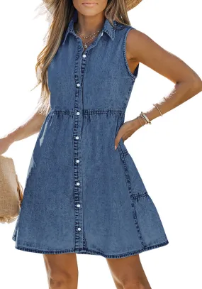 Reef Blue Denim Dress for Women Sleeveless Babydoll Button Down Short Jean Dresses Cute Summer