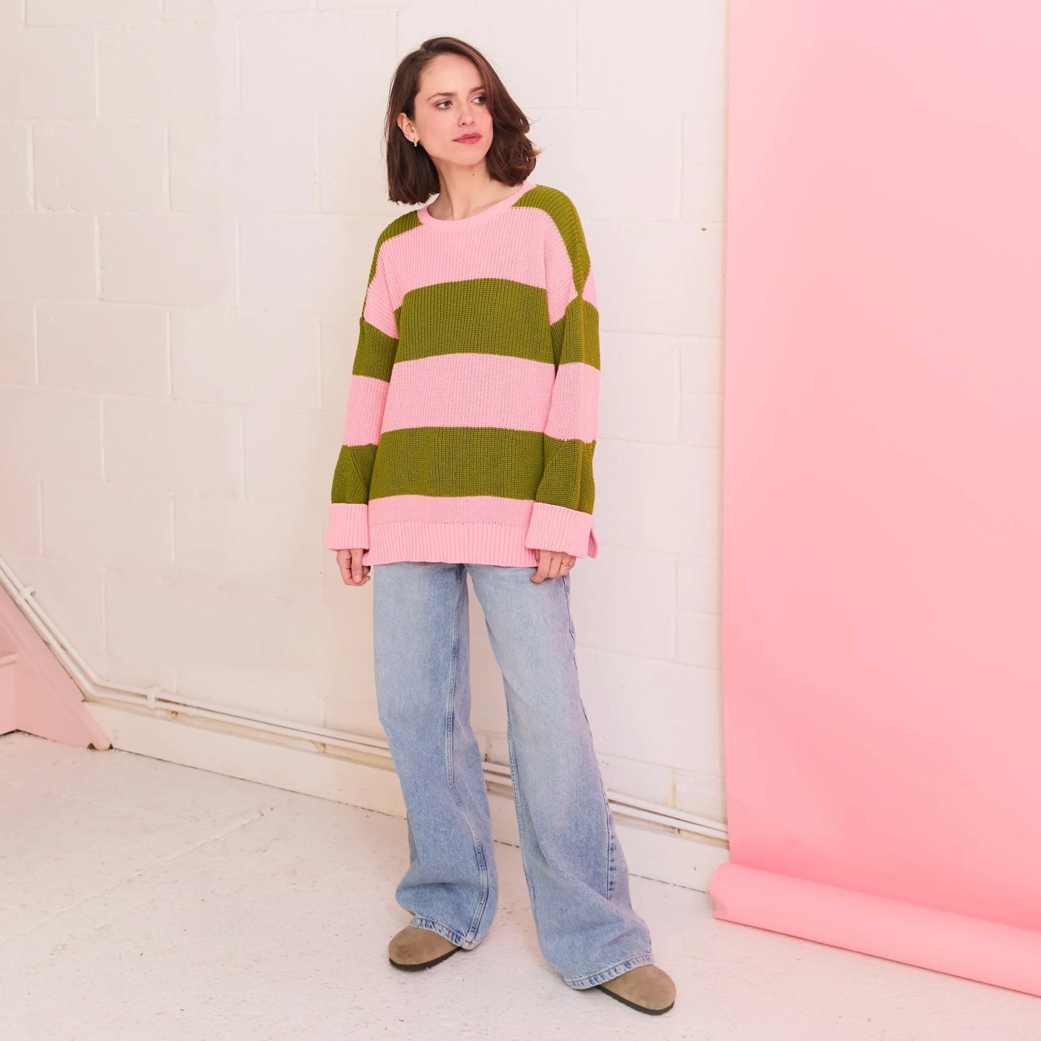 Rhiannon Recycled Cotton Mix Stripe Jumper - Pink and Green