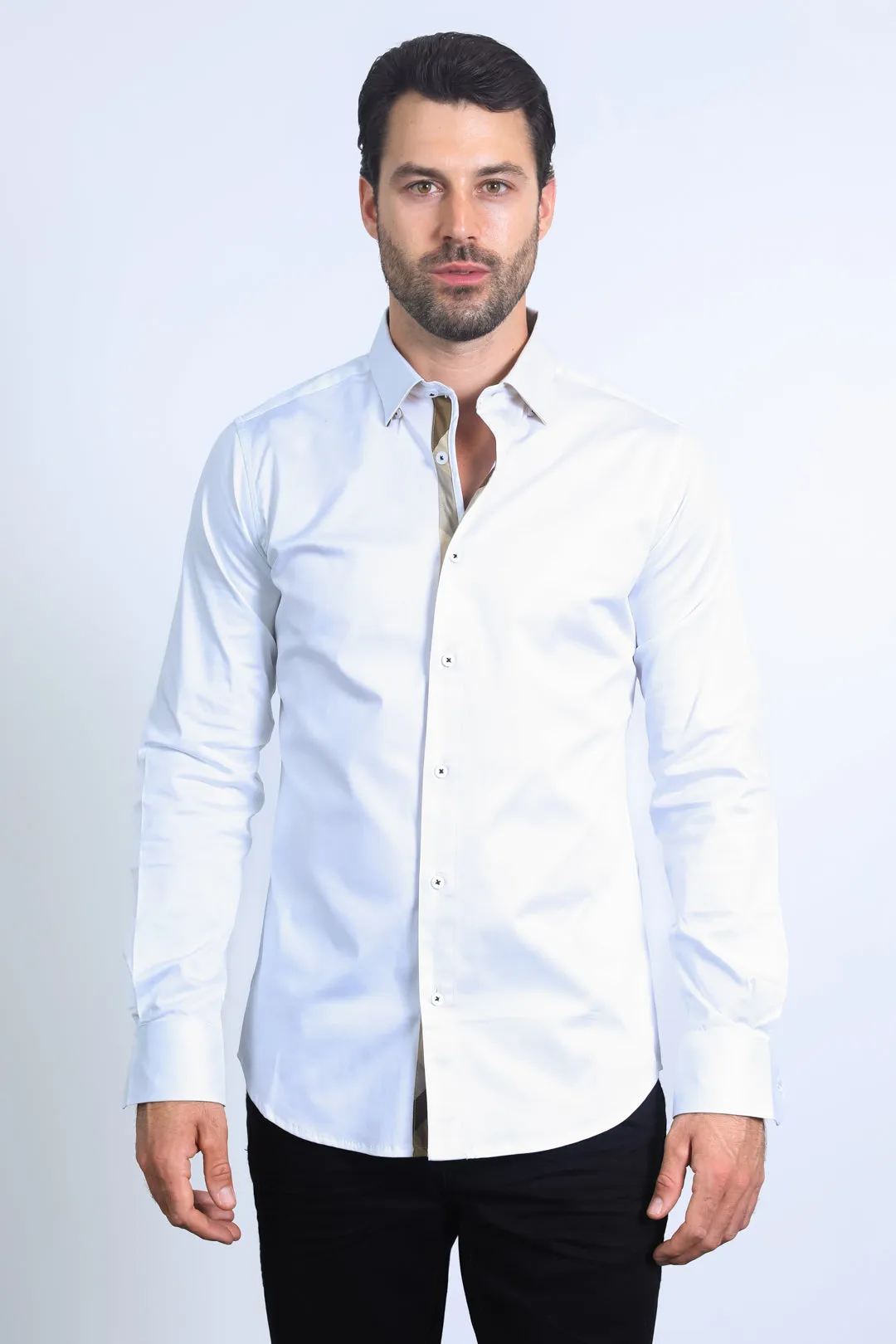 Satin Cotton/Spandex Long Sleeve White Shirt