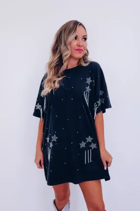 Shining Star Rhinestone T-Shirt Dress - Black