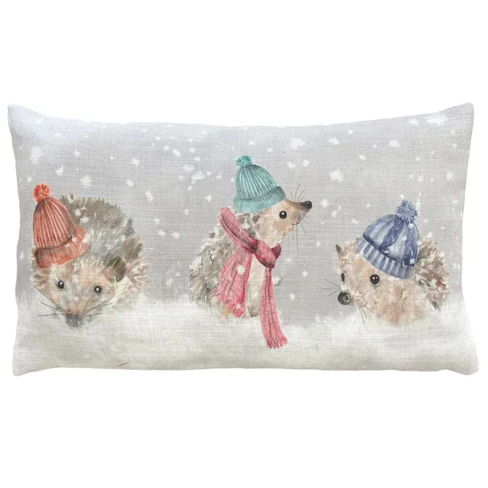 Snowy Hedgehogs Christmas Cushion Natural