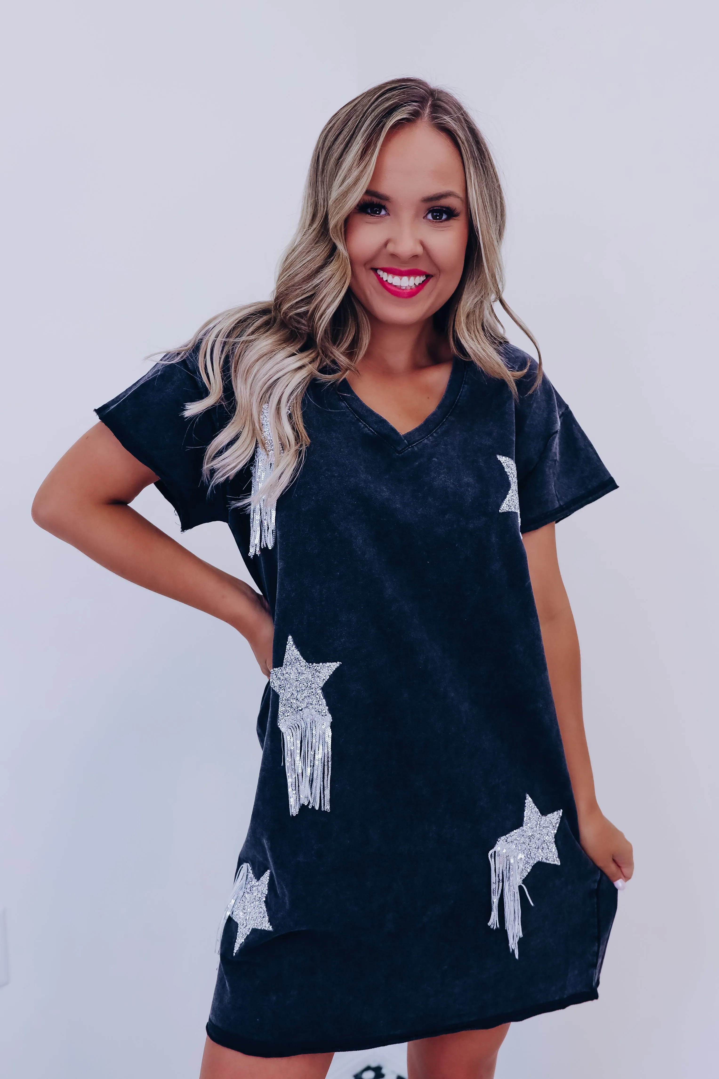 Star Burst Fringe T-Shirt Dress - Black