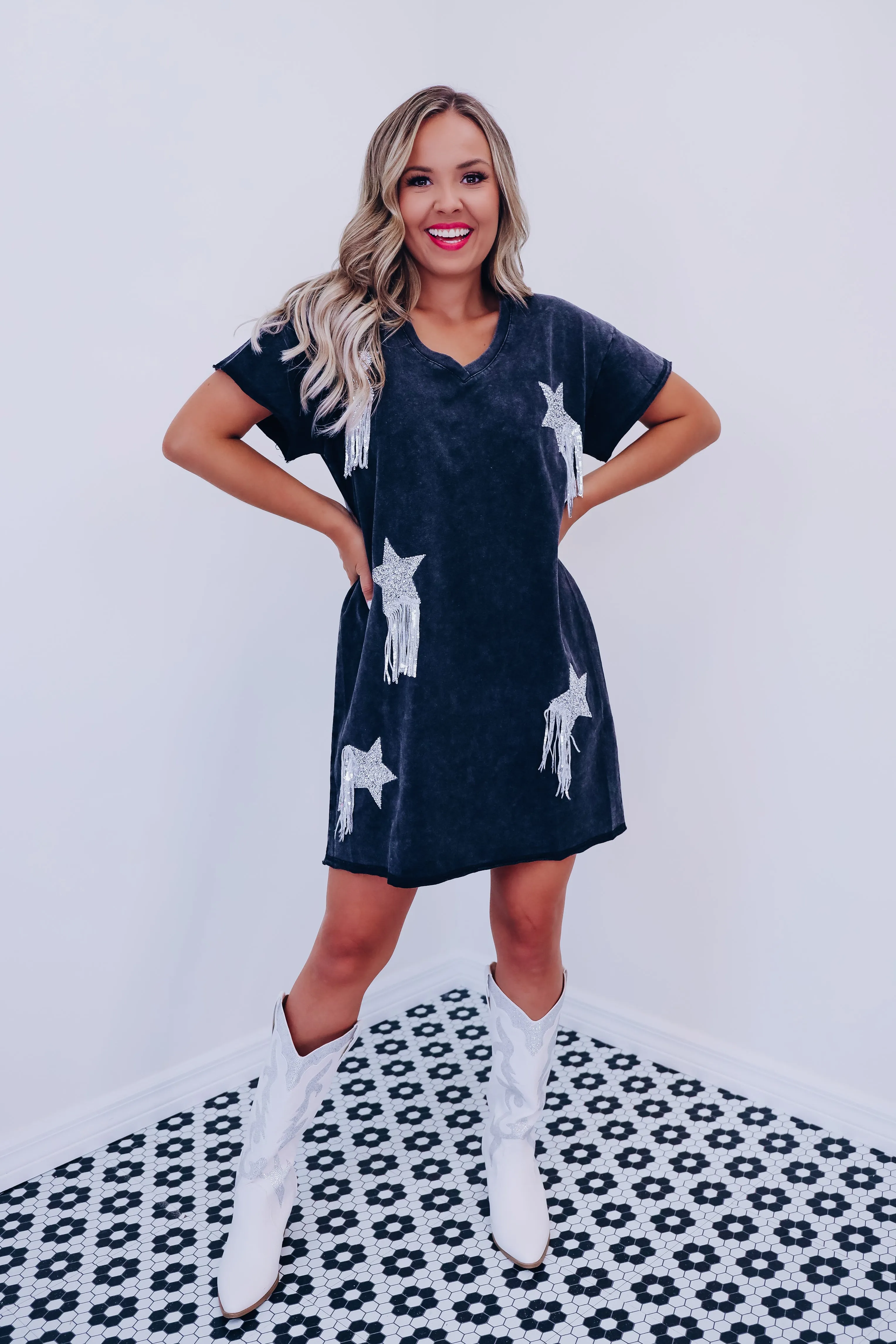 Star Burst Fringe T-Shirt Dress - Black