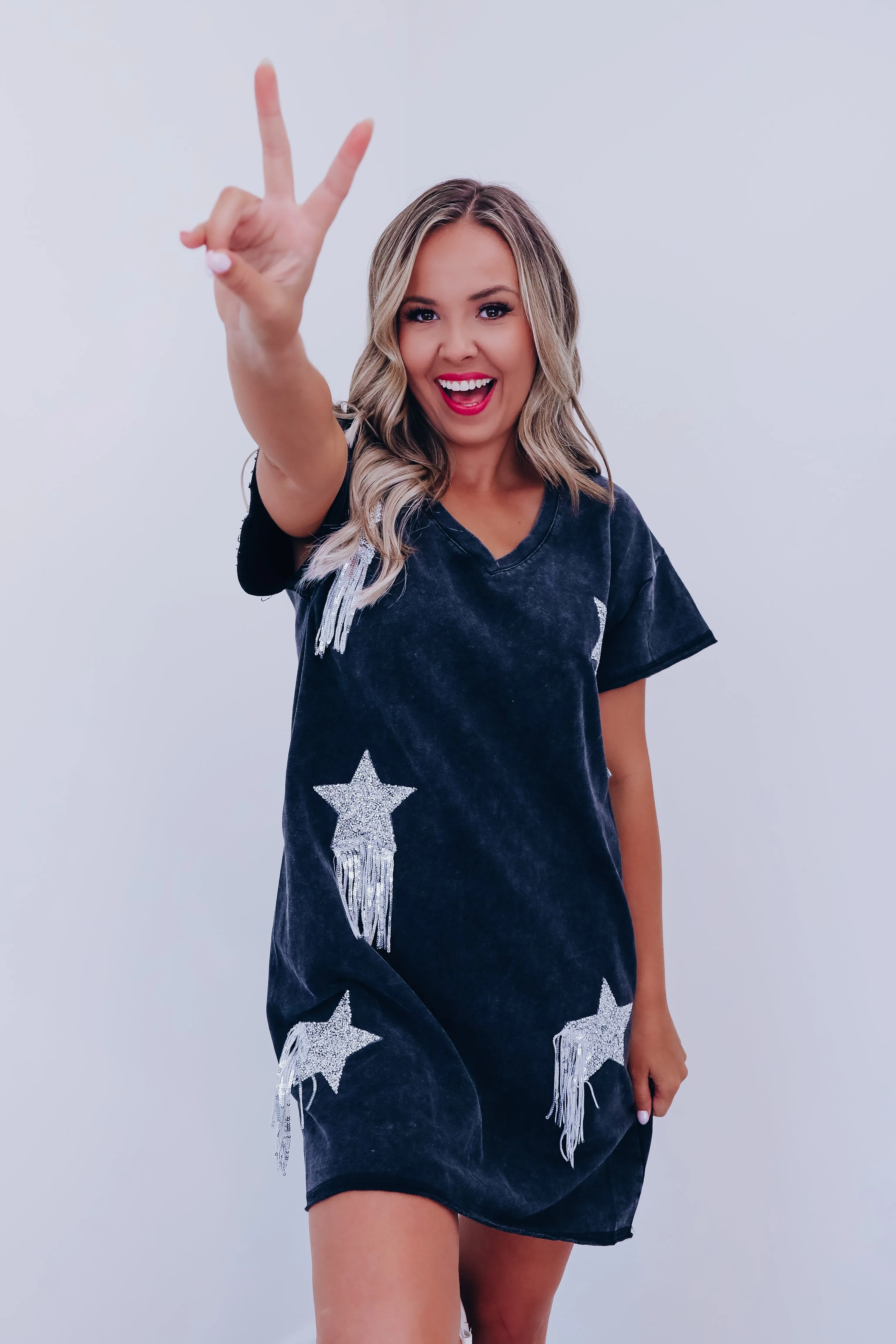 Star Burst Fringe T-Shirt Dress - Black