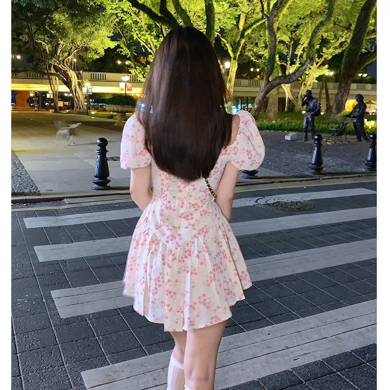 Women Floral Puff Sleeve Short Sleeve Slim Bodycon Dress