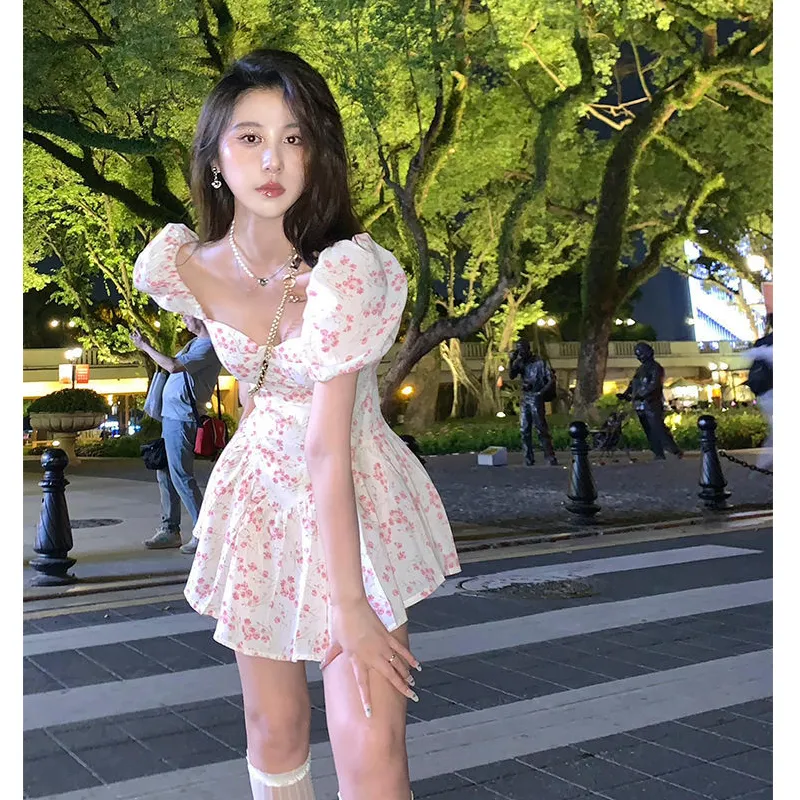 Women Floral Puff Sleeve Short Sleeve Slim Bodycon Dress