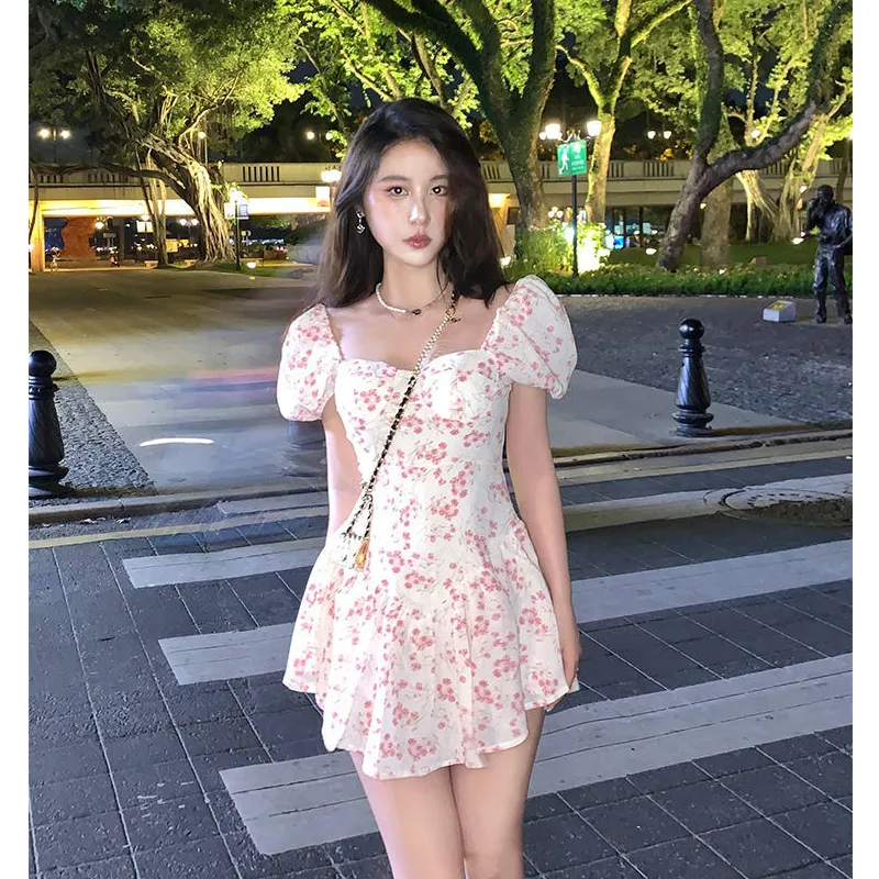 Women Floral Puff Sleeve Short Sleeve Slim Bodycon Dress