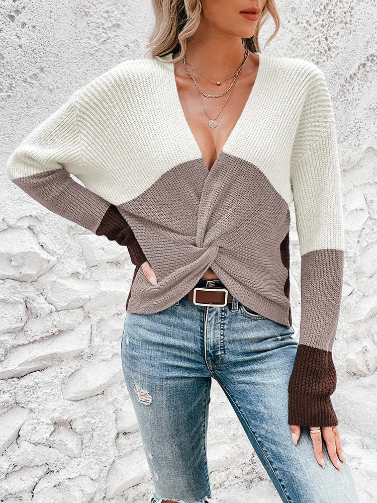 Women's Deep V Neck Long Sleeve Twsit Knot Cropped Knit Pullover Sweater