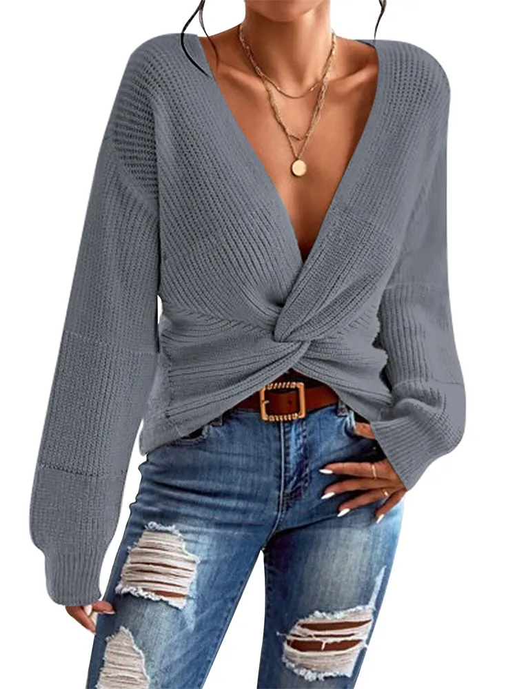 Women's Deep V Neck Long Sleeve Twsit Knot Cropped Knit Pullover Sweater