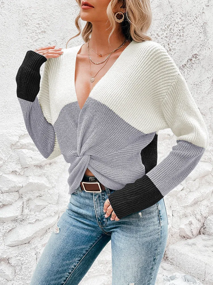 Women's Deep V Neck Long Sleeve Twsit Knot Cropped Knit Pullover Sweater