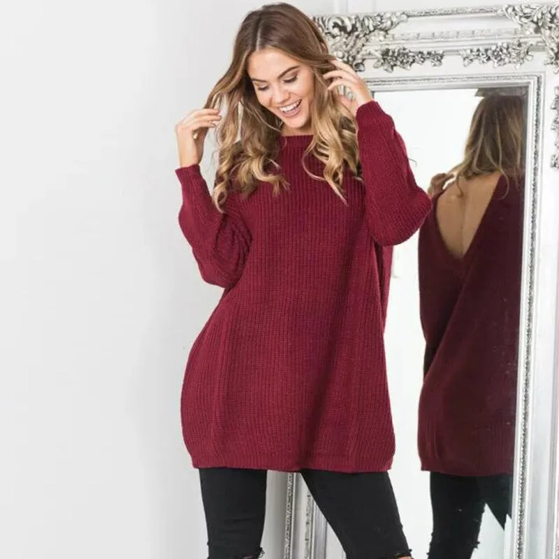 Womens Sexy V-Neck Backless Off-Shoulder Long Sleeve Sweater