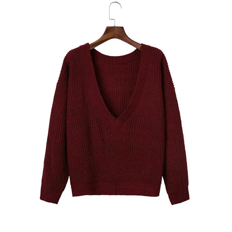 Womens Sexy V-Neck Backless Off-Shoulder Long Sleeve Sweater