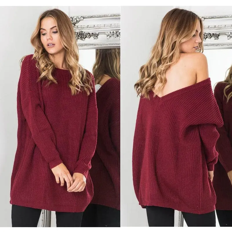 Womens Sexy V-Neck Backless Off-Shoulder Long Sleeve Sweater