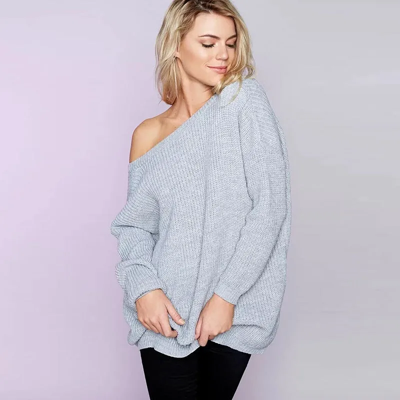 Womens Sexy V-Neck Backless Off-Shoulder Long Sleeve Sweater