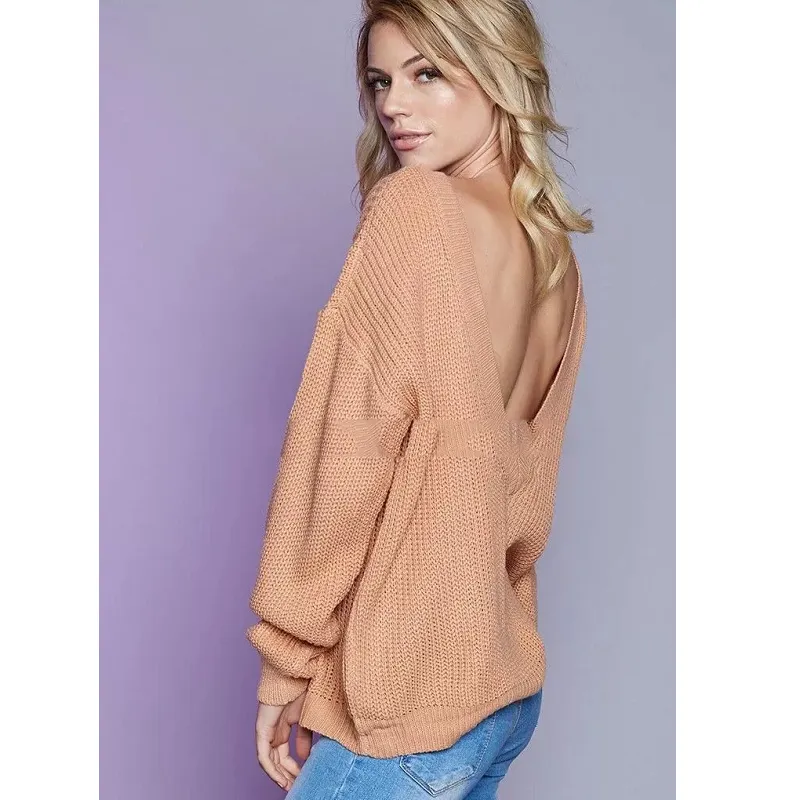 Womens Sexy V-Neck Backless Off-Shoulder Long Sleeve Sweater