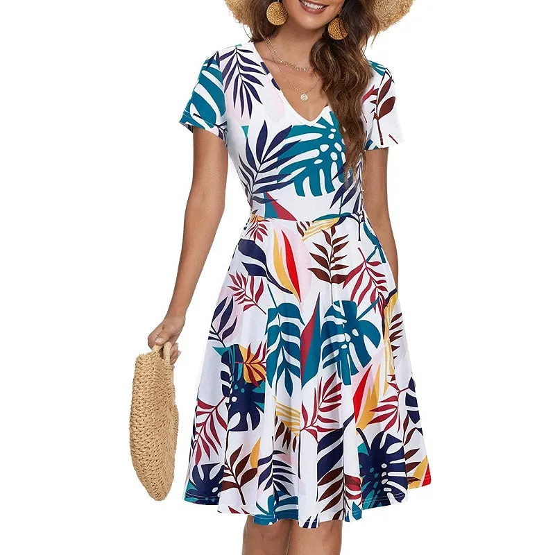 Womens Summer V-Neck Short Sleeve Pocket Print Dress