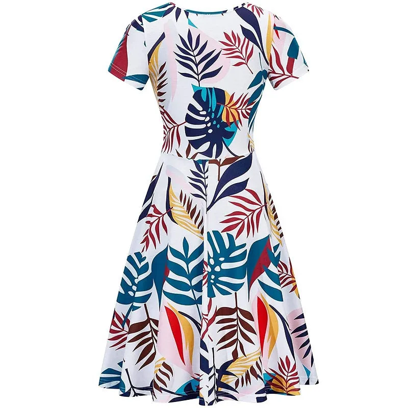 Womens Summer V-Neck Short Sleeve Pocket Print Dress