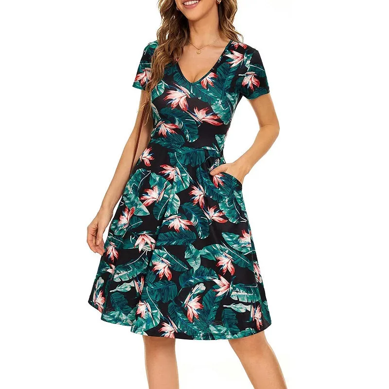 Womens Summer V-Neck Short Sleeve Pocket Print Dress