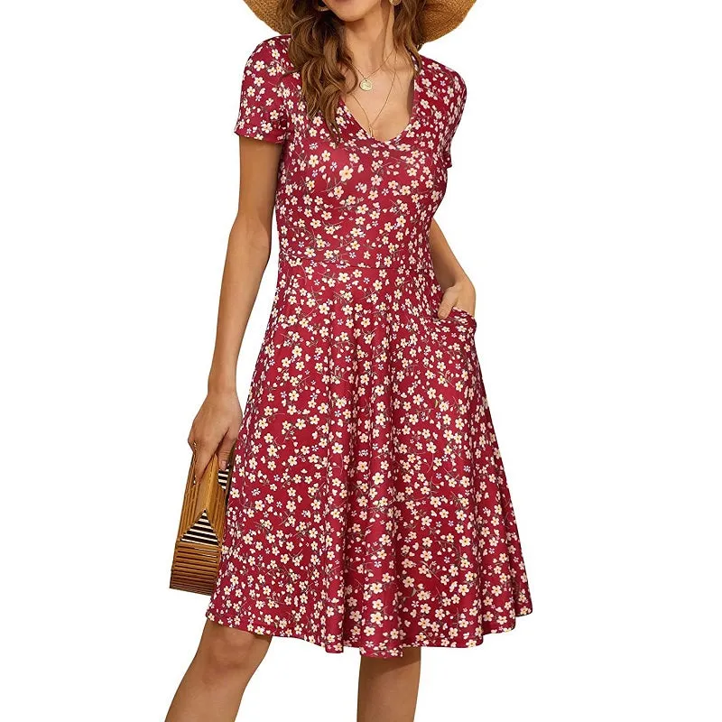 Womens Summer V-Neck Short Sleeve Pocket Print Dress