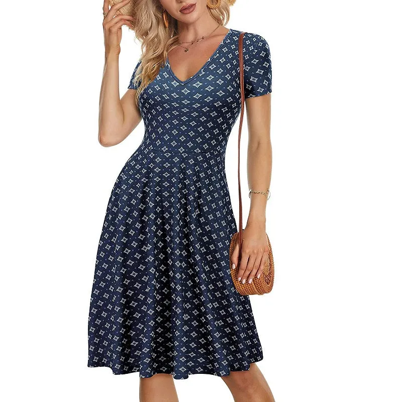 Womens Summer V-Neck Short Sleeve Pocket Print Dress